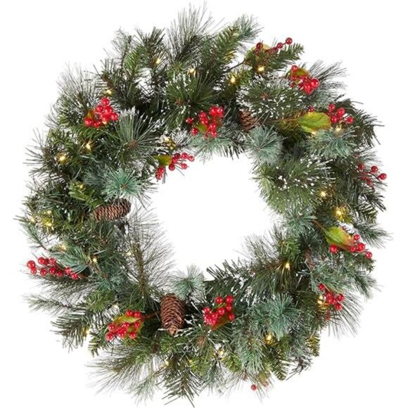 24" Pre-Lit Artificial Christmas Wreath - Green Pine, White Lights, Pine Cones - Picture 7 of 7